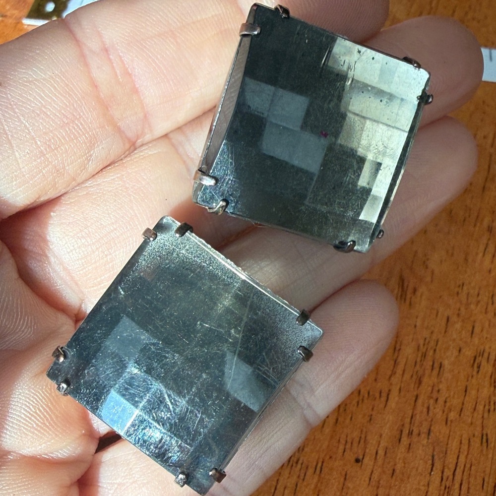 Vintage Oversized Square Mirrored Glass Stud Earrings Gunmetal Geometric Post